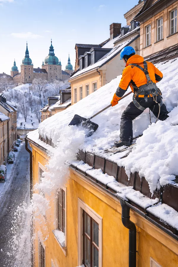 Takskottning på fastighet i Kalmar under vinter – snö skottas från taket på historisk byggnad med Kalmar slott i bakgrunden.